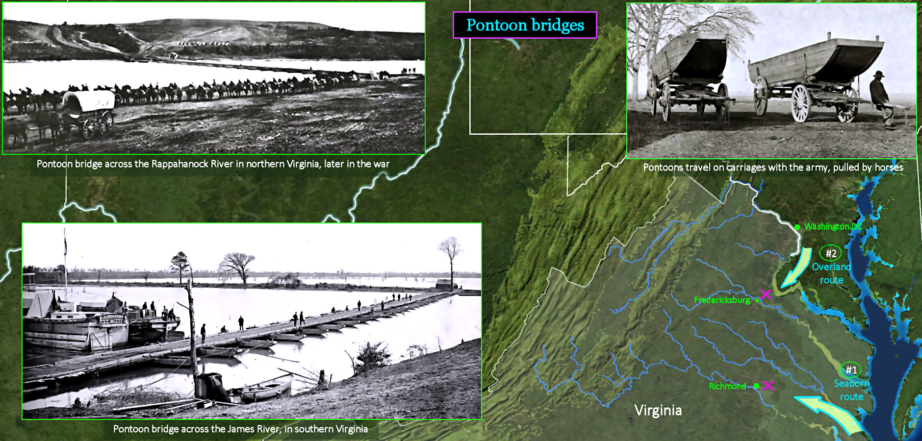 Pontoon bridges and rivers, Civil War map